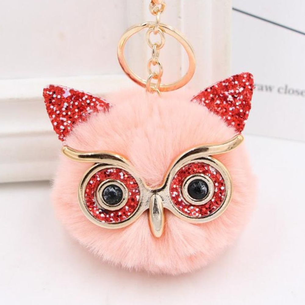 Fluffy Owl with Glasses Pom Pom Keychain - Picture 7 of 10